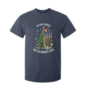 Funny Chrismukkah Hanukkah Christmas T Shirt For Kid In This House We Celebrate Love Xmas Tree Menorah TS11 Navy Print Your Wear