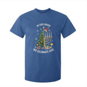 Funny Chrismukkah Hanukkah Christmas T Shirt For Kid In This House We Celebrate Love Xmas Tree Menorah TS11 Royal Blue Print Your Wear