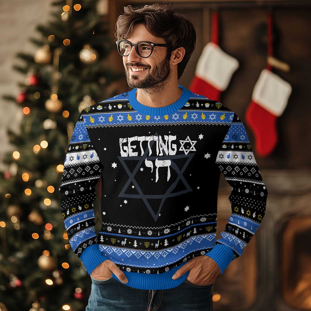 Funny Hebrew Hanukkah Ugly Sweater Getting Chai Jewish Vintage David Star TS11 Black Blue Print Your Wear