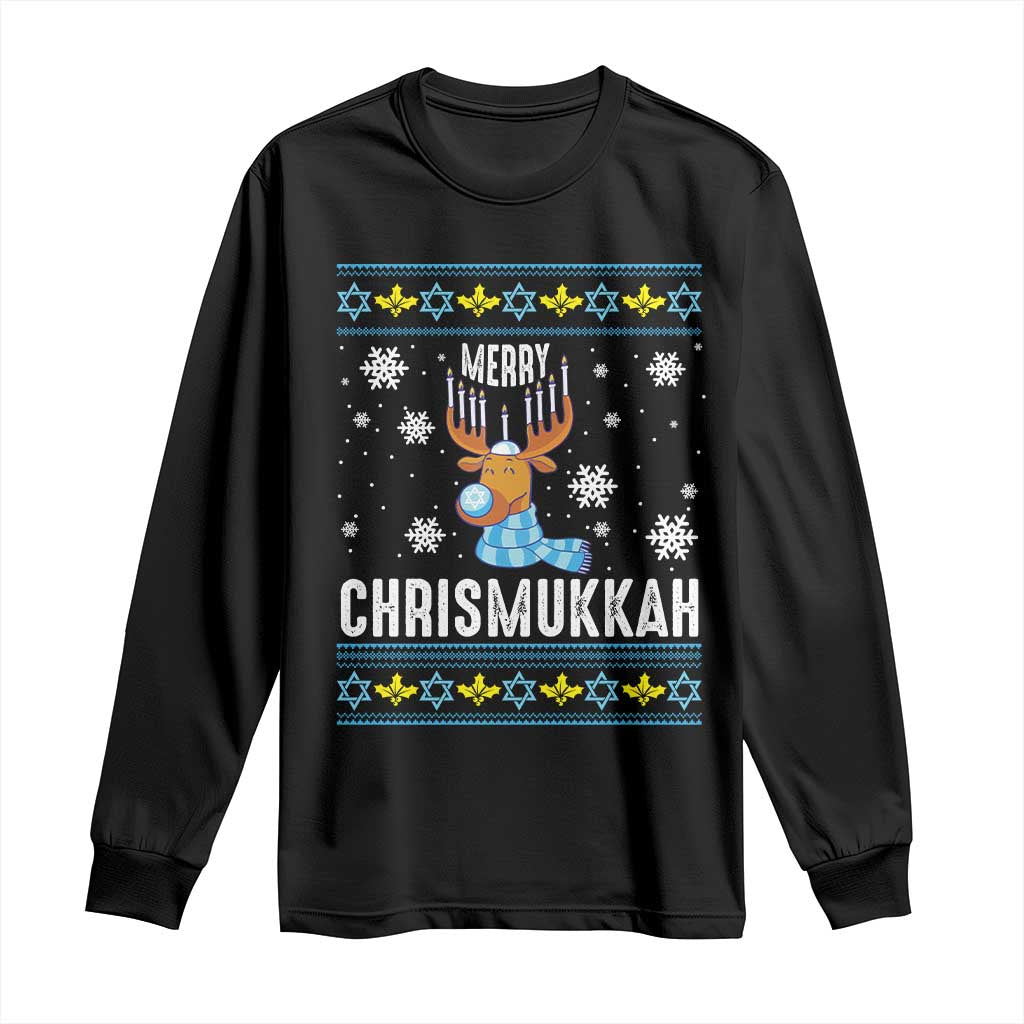 Funny Hanukkah Christmas Long Sleeve Shirt Merry Chrismukkah Reindeer David Stars Menorah TS11 Black Print Your Wear