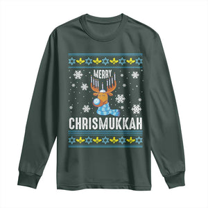 Funny Hanukkah Christmas Long Sleeve Shirt Merry Chrismukkah Reindeer David Stars Menorah TS11 Dark Forest Green Print Your Wear