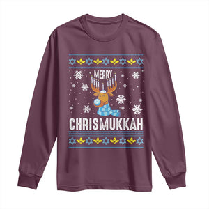 Funny Hanukkah Christmas Long Sleeve Shirt Merry Chrismukkah Reindeer David Stars Menorah TS11 Maroon Print Your Wear