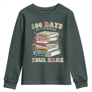 Personalized 100 Days In The Books Youth Sweatshirt Custom Name Mr Mrs Teachers 100th Days Of School TS11 Dark Forest Green Print Your Wear