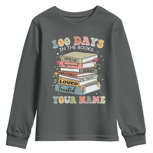 Personalized 100 Days In The Books Youth Sweatshirt Custom Name Mr Mrs Teachers 100th Days Of School TS11 Dark Heather Print Your Wear