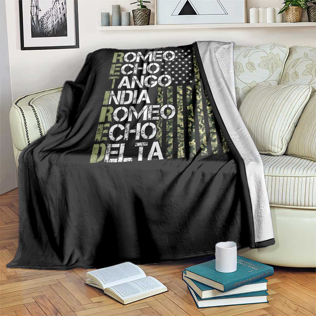 Funny Retired Military Phonetic Alphabet Retirement Throw Blanket Vintage Camouflage Flag TS11 Print Your Wear