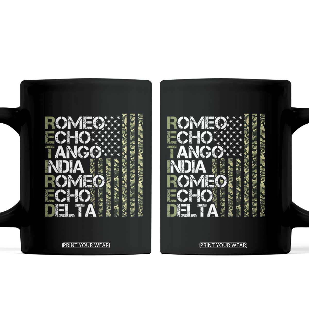 Funny Retired Military Phonetic Alphabet Retirement Coffee Mug Vintage Camouflage Flag TS11 Black Print Your Wear