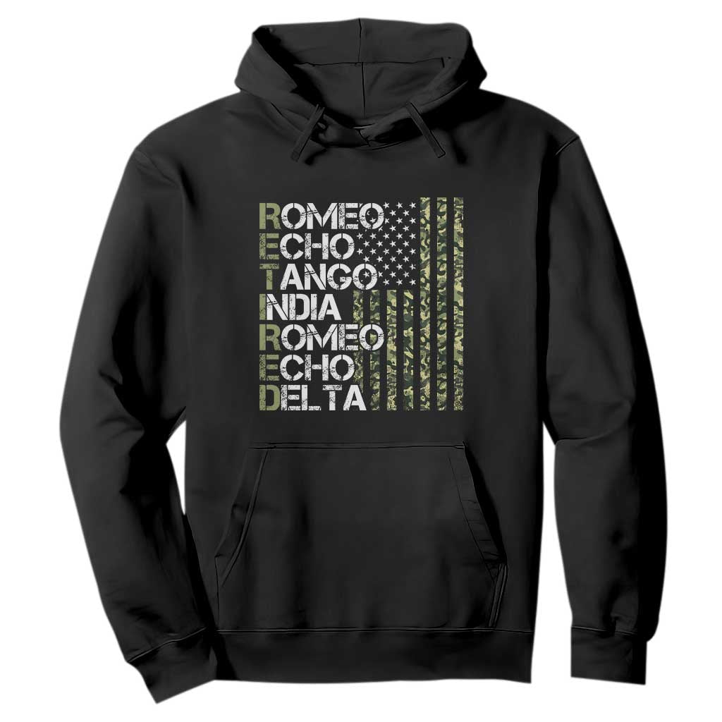 Funny Retired Military Phonetic Alphabet Retirement Hoodie Vintage Camouflage Flag TS11 Black Print Your Wear
