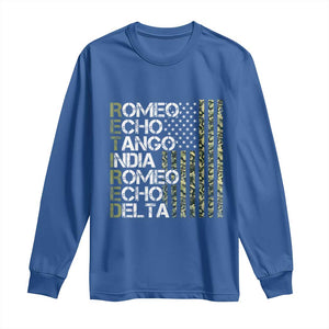 Retired 2025 Military Phonetic Alphabet Retirement Long Sleeve Shirt Vintage Camouflage Flag TS11 Royal Blue Print Your Wear