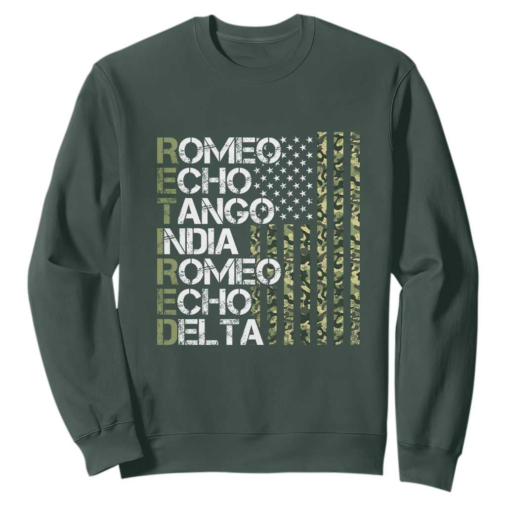 Funny Retired Military Phonetic Alphabet Retirement Sweatshirt Vintage Camouflage Flag TS11 Dark Forest Green Print Your Wear