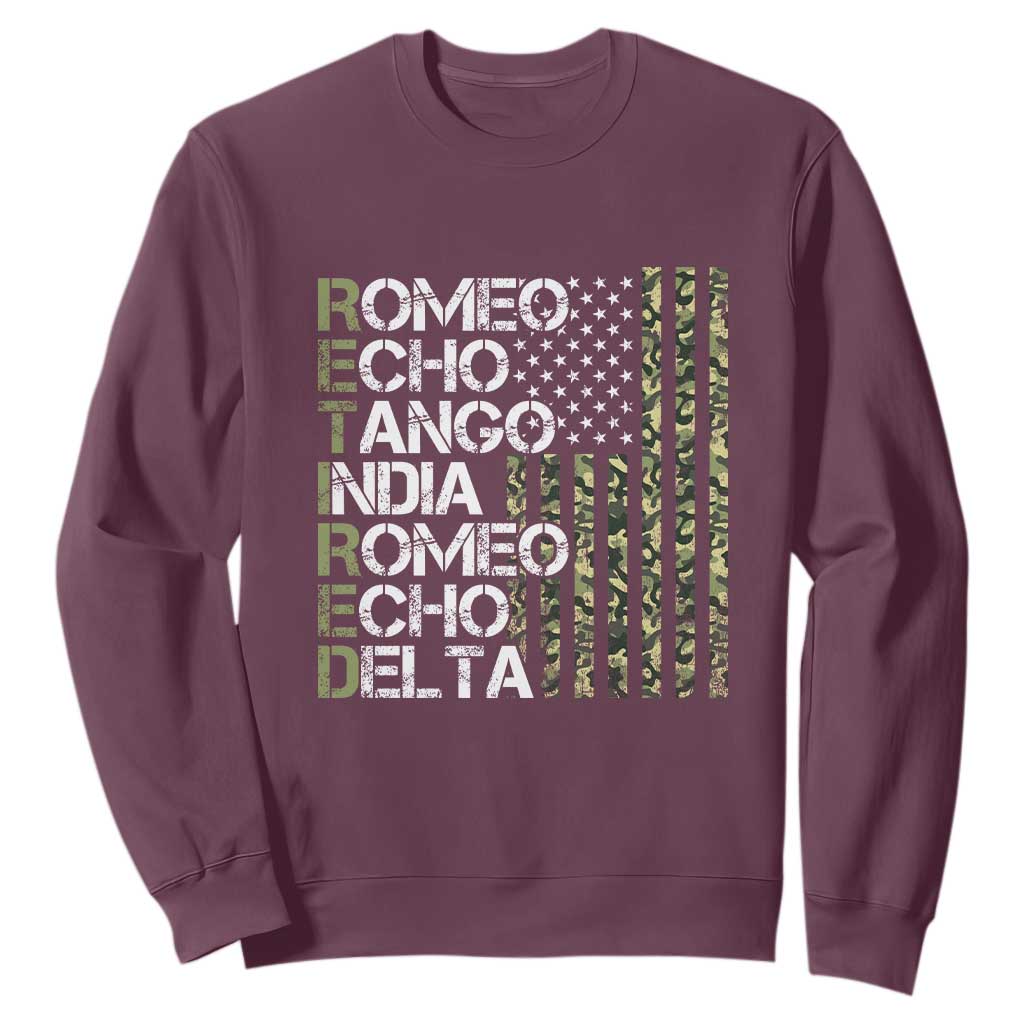 Funny Retired Military Phonetic Alphabet Retirement Sweatshirt Vintage Camouflage Flag TS11 Maroon Print Your Wear