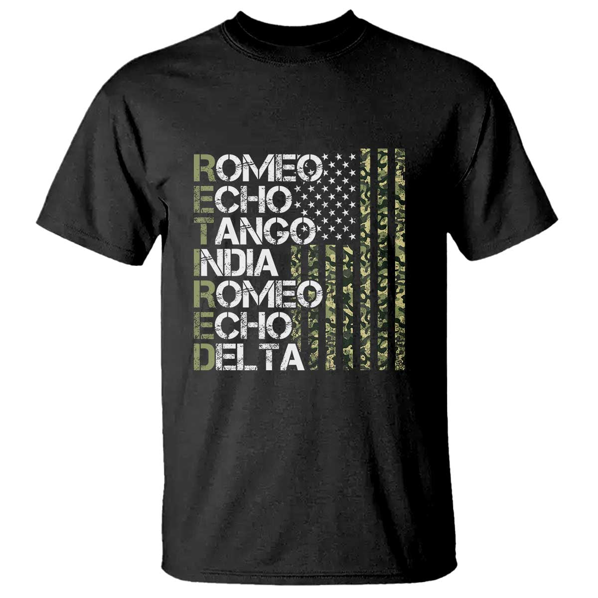 Funny Retired Military Phonetic Alphabet Retirement T Shirt Vintage Camouflage Flag TS11 Black Print Your Wear