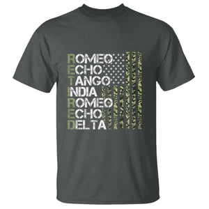 Retired 2025 Military Phonetic Alphabet Retirement T Shirt Vintage Camouflage Flag TS11 Dark Heather Print Your Wear