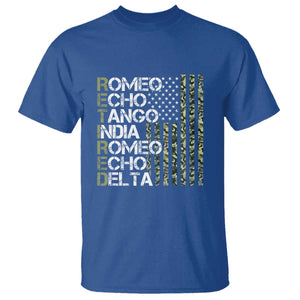 Retired 2025 Military Phonetic Alphabet Retirement T Shirt Vintage Camouflage Flag TS11 Royal Blue Print Your Wear