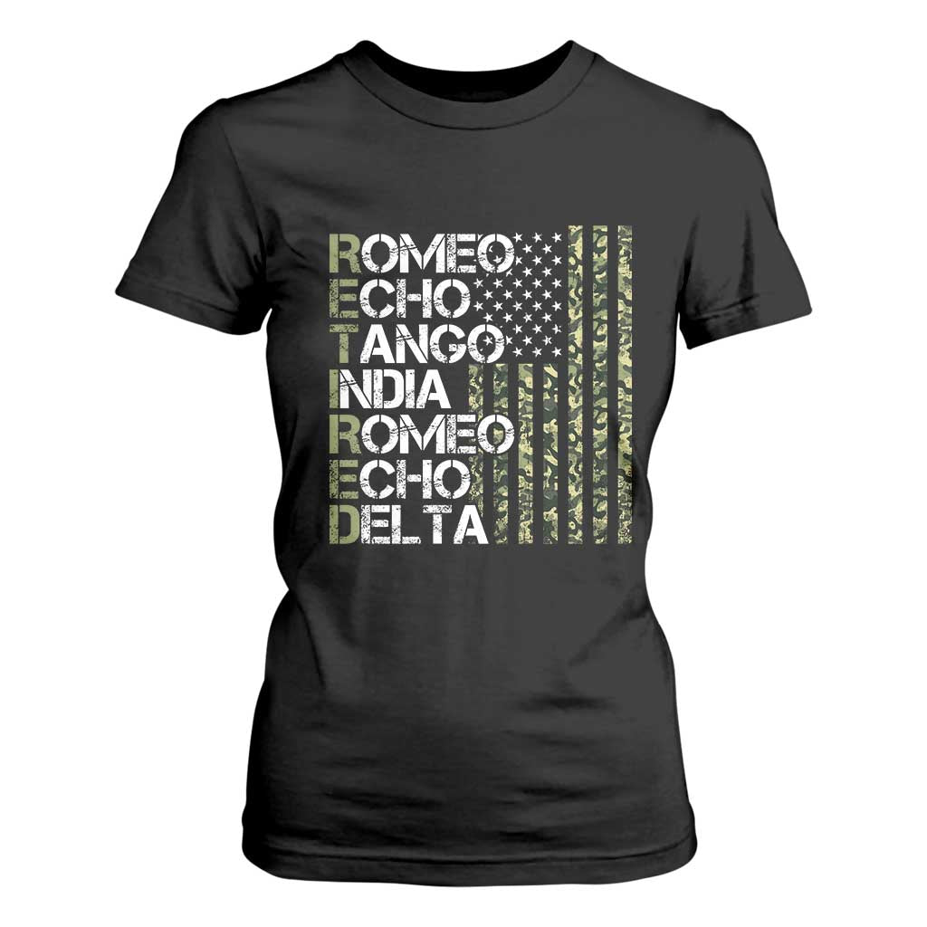 Retired 2025 Military Phonetic Alphabet Retirement T Shirt For Women Vintage Camouflage Flag TS11 Black Print Your Wear