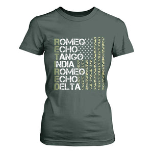 Retired 2025 Military Phonetic Alphabet Retirement T Shirt For Women Vintage Camouflage Flag TS11 Dark Forest Green Print Your Wear