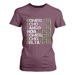 Retired 2025 Military Phonetic Alphabet Retirement T Shirt For Women Vintage Camouflage Flag TS11 Maroon Print Your Wear