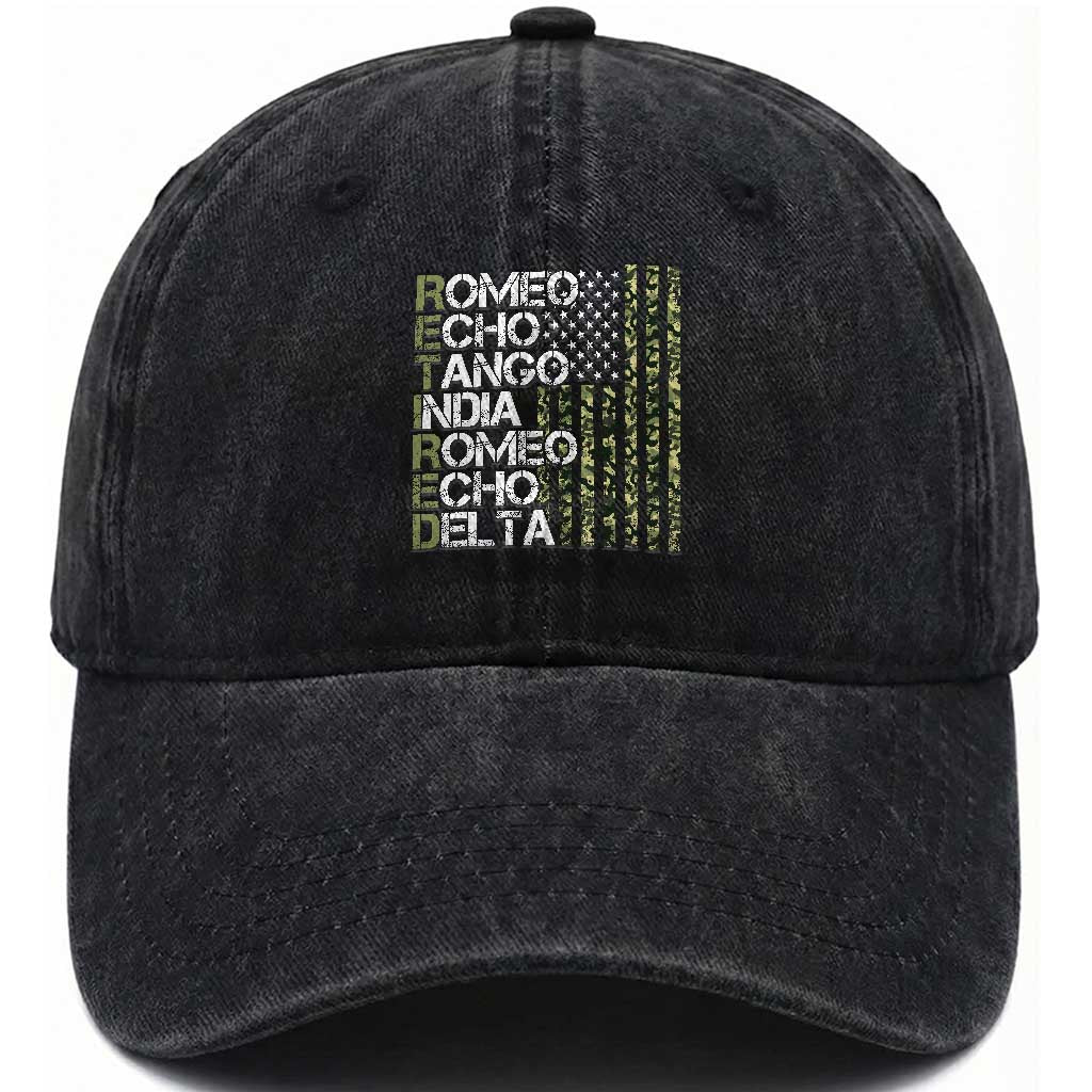 Funny Retired Military Phonetic Alphabet Retirement Washed Cotton Baseball Cap Vintage Camouflage Flag TS11 Print Your Wear