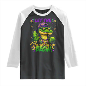 Let The Shenanigans Begin Mardi Gras 67 Meme Raglan Shirt Funny Alligator Mardigator Six Seven TS11 Black White Print Your Wear