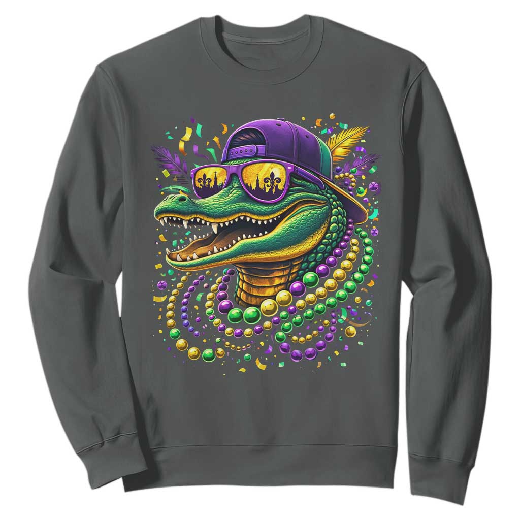 Mardigator Mardi Gras Alligator Carnival Beads Sweatshirt TS11 Dark Heather Print Your Wear
