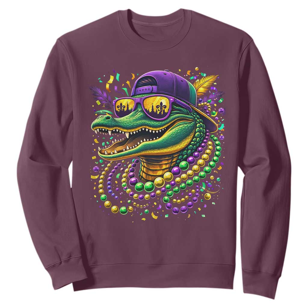 Mardigator Mardi Gras Alligator Carnival Beads Sweatshirt TS11 Maroon Print Your Wear