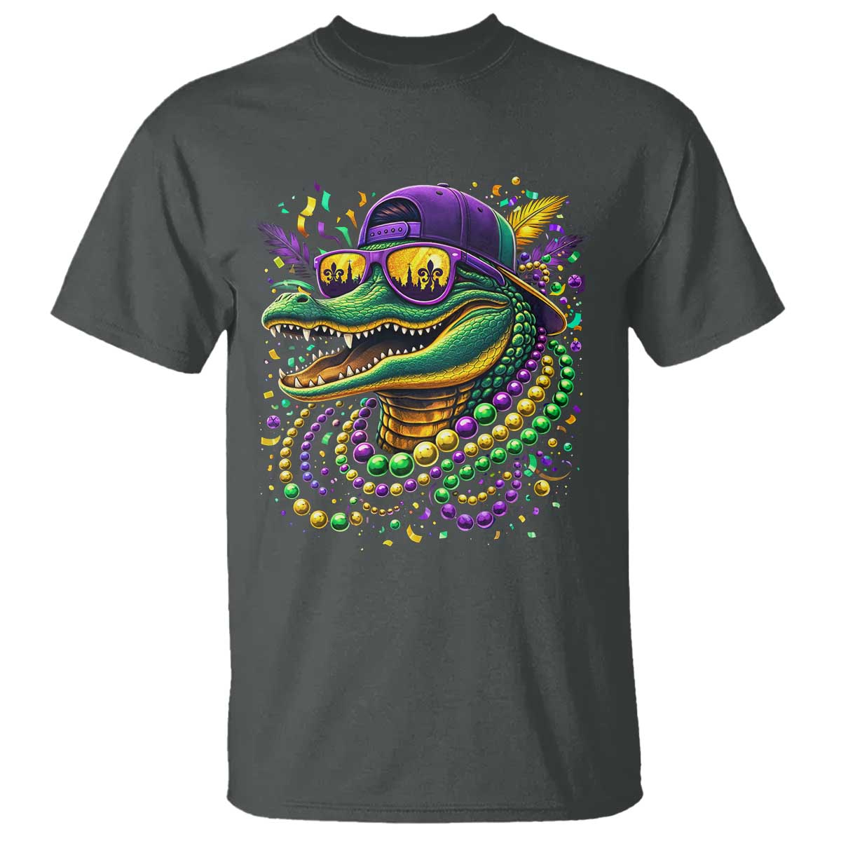 Mardigator Mardi Gras Alligator Carnival Beads T Shirt TS11 Dark Heather Print Your Wear