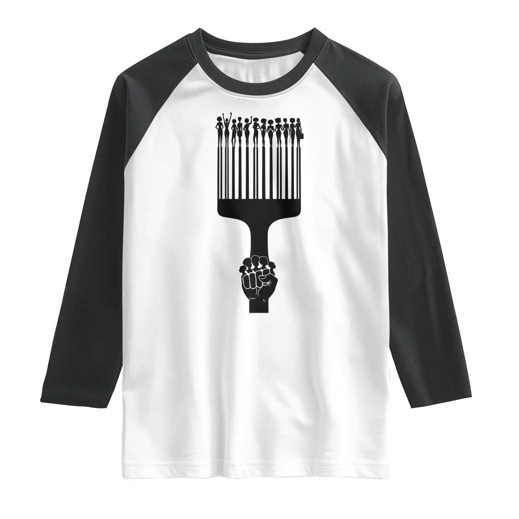 Afro Pick Comb Strong Black Power Fist Raglan Shirt TS11 White Black Print Your Wear