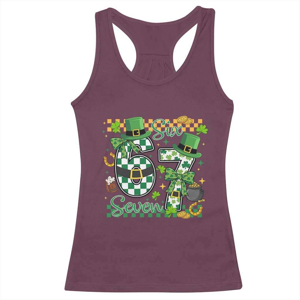 67 St Patricks Day Racerback Tank Top Funny Six Seven Meme Lucky Shamrock TS11 Maroon Print Your Wear