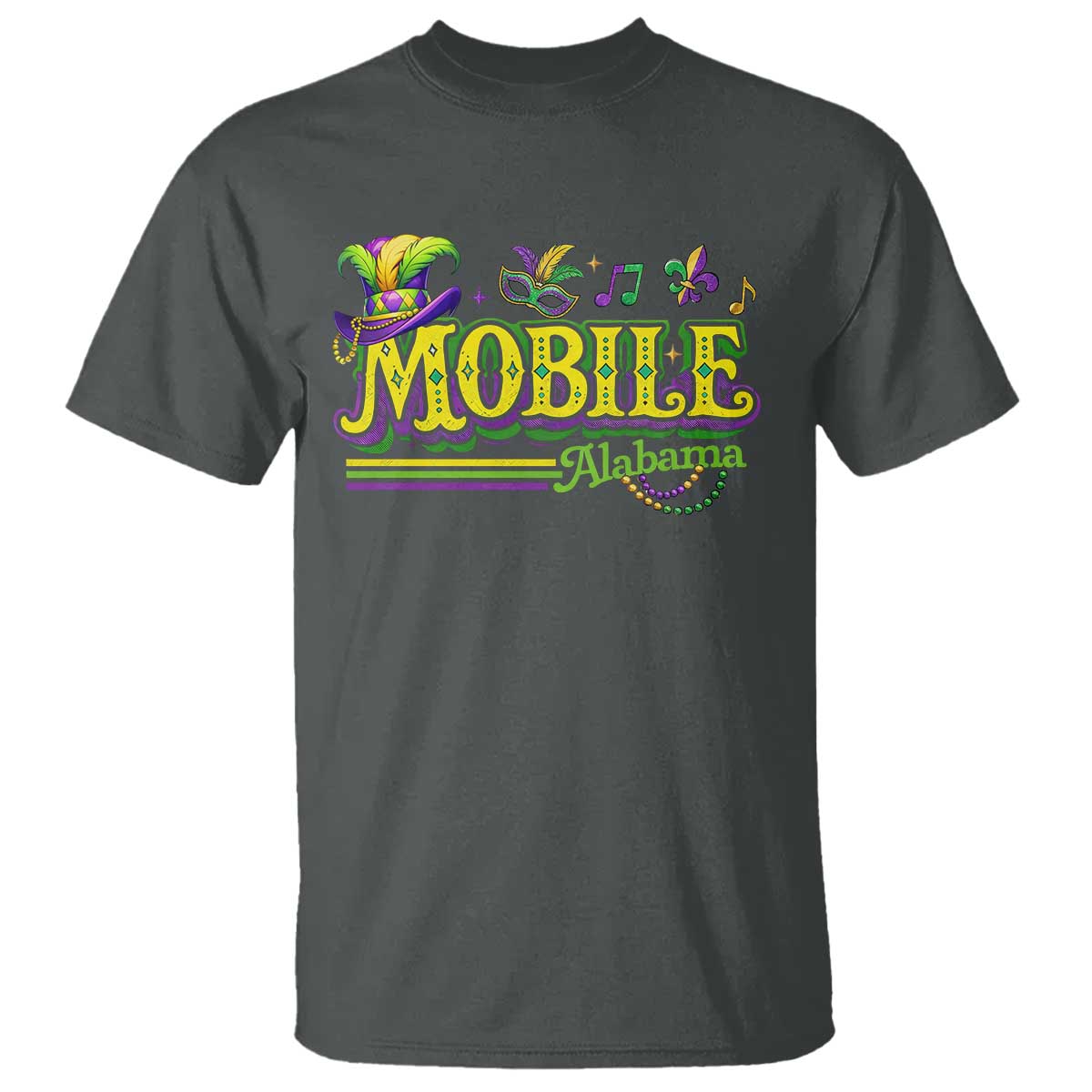 Mardi Gras Mobile Alabama AL Carnival Beads T Shirt TS11 Dark Heather Print Your Wear