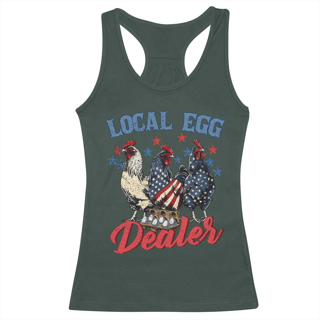Funny Local Egg Dealer Racerback Tank Top Egg Farmer American Flag Chicken Easter TS11 Dark Forest Green Print Your Wear
