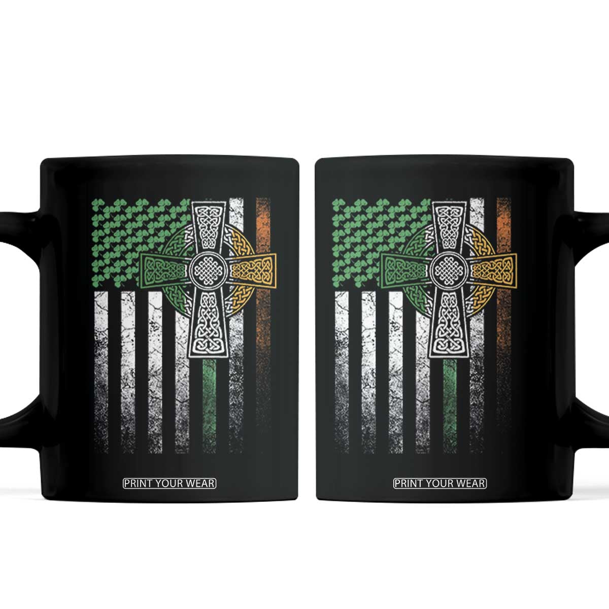 Irish Pride Coffee Mug American Flag Celtic Cross Shamrock St Patrick's Day TS11 Black Print Your Wear