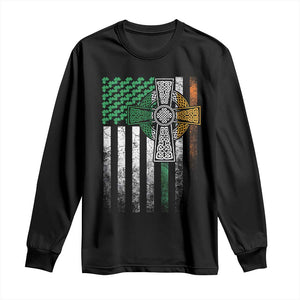 Irish Pride Long Sleeve Shirt American Flag Celtic Cross Shamrock St Patrick's Day TS11 Black Print Your Wear