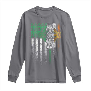 Irish Pride Long Sleeve Shirt American Flag Celtic Cross Shamrock St Patrick's Day TS11 Charcoal Print Your Wear