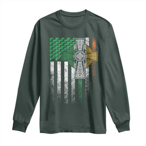 Irish Pride Long Sleeve Shirt American Flag Celtic Cross Shamrock St Patrick's Day TS11 Dark Forest Green Print Your Wear