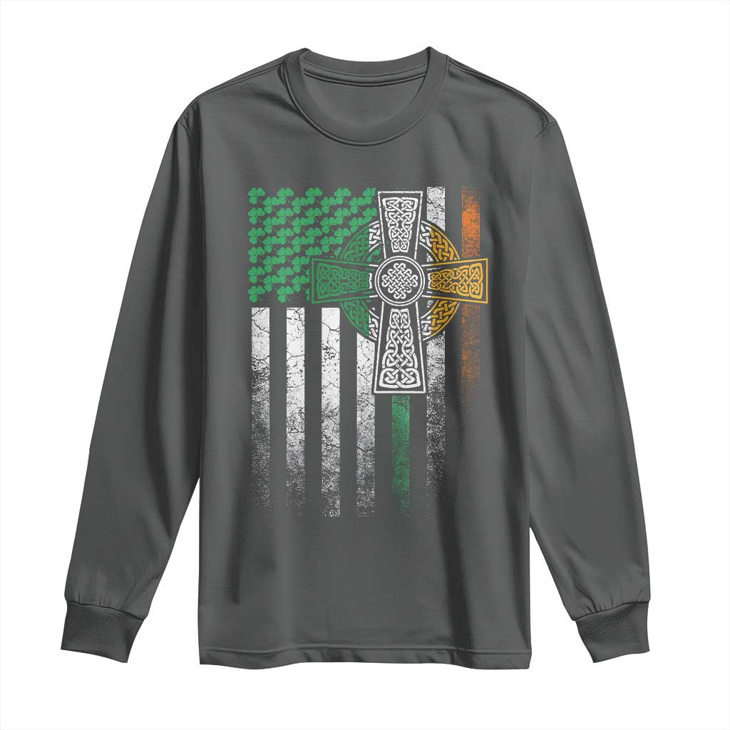 Irish Pride Long Sleeve Shirt American Flag Celtic Cross Shamrock St Patrick's Day TS11 Dark Heather Print Your Wear