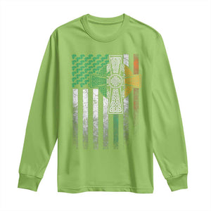 Irish Pride Long Sleeve Shirt American Flag Celtic Cross Shamrock St Patrick's Day TS11 Lime Print Your Wear