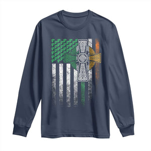 Irish Pride Long Sleeve Shirt American Flag Celtic Cross Shamrock St Patrick's Day TS11 Navy Print Your Wear