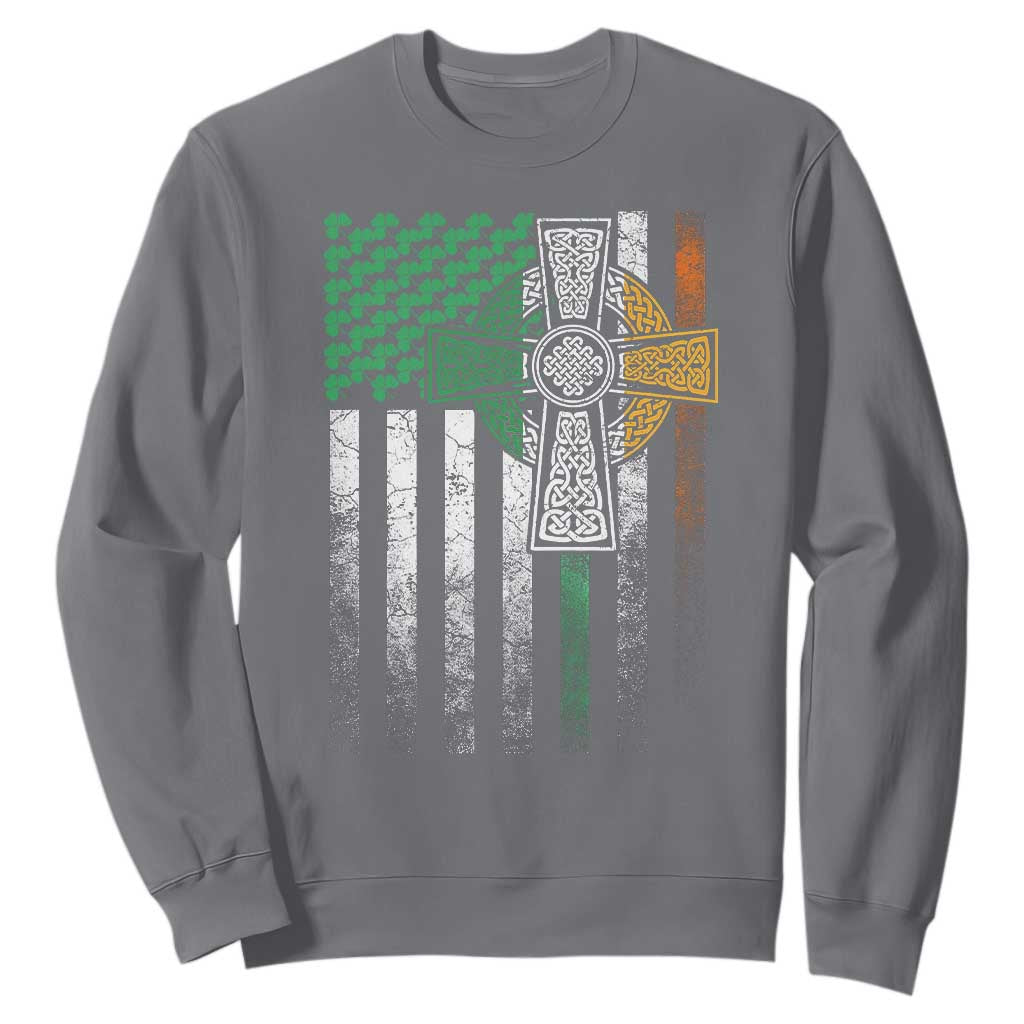 Irish Pride Sweatshirt American Flag Celtic Cross Shamrock St Patrick's Day TS11 Charcoal Print Your Wear