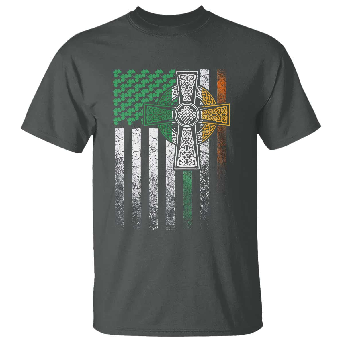 Irish Pride T Shirt American Flag Celtic Cross Shamrock St Patrick's Day TS11 Dark Heather Print Your Wear