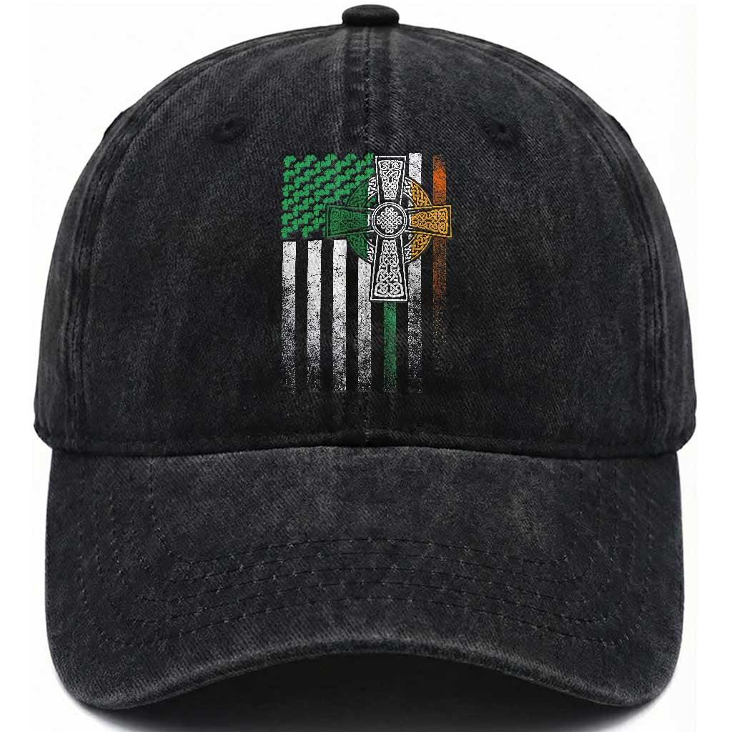 Irish Pride Washed Cotton Baseball Cap American Flag Celtic Cross Shamrock St Patrick's Day TS11 Print Your Wear