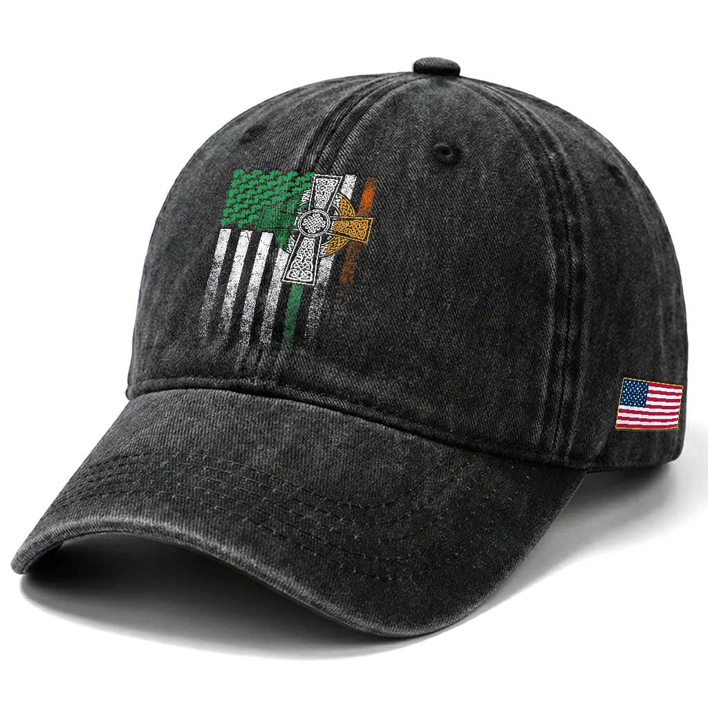 Irish Pride Washed Cotton Baseball Cap American Flag Celtic Cross Shamrock St Patrick's Day TS11 Print Your Wear