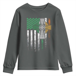 Irish Pride Youth Sweatshirt American Flag Celtic Cross Shamrock St Patrick's Day TS11 Dark Heather Print Your Wear