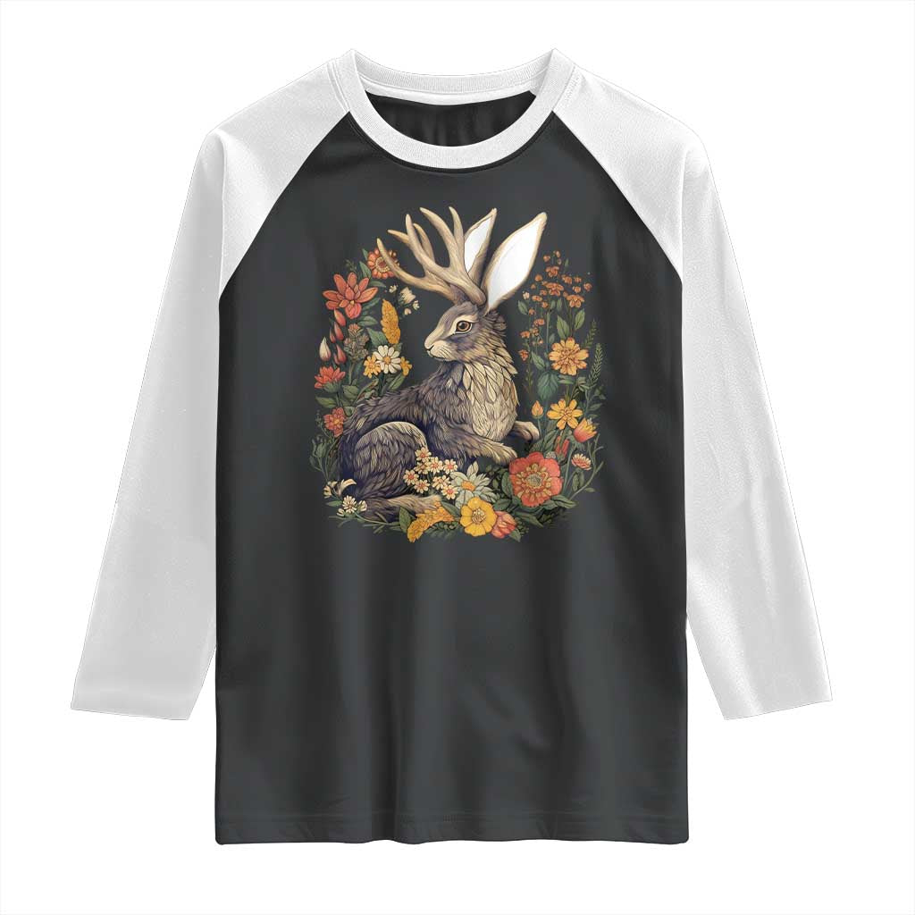 Funny Easter Day Jackalope Rabbit Vintage Flowers Cottagecore Raglan Shirt TS11 Black White Print Your Wear