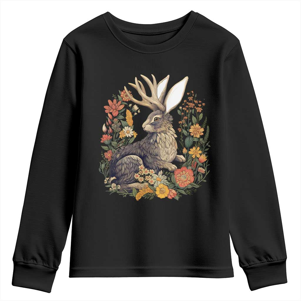 Funny Easter Day Jackalope Rabbit Vintage Flowers Cottagecore Youth Sweatshirt TS11 Black Print Your Wear