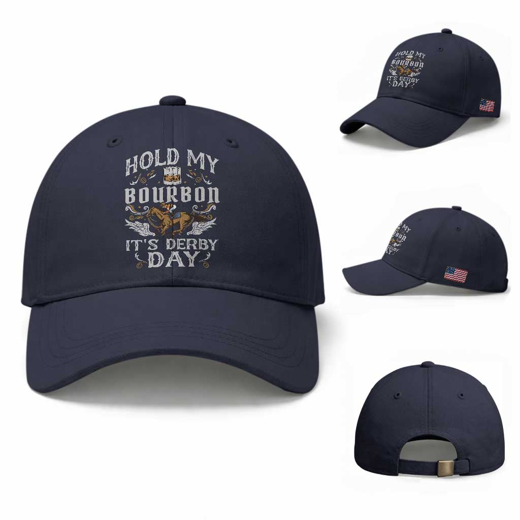 Funny Hold My Bourbon It's Derby Day Baseball Cap Horse Racing TS11 Baseball Cap Universal Fit Navy Print Your Wear