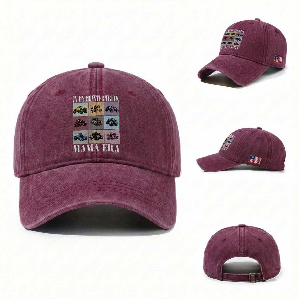 In My Monster Truck Mama Era Washed Cotton Baseball Cap TS11 Washed Cap Universal Fit Burgundy Print Your Wear