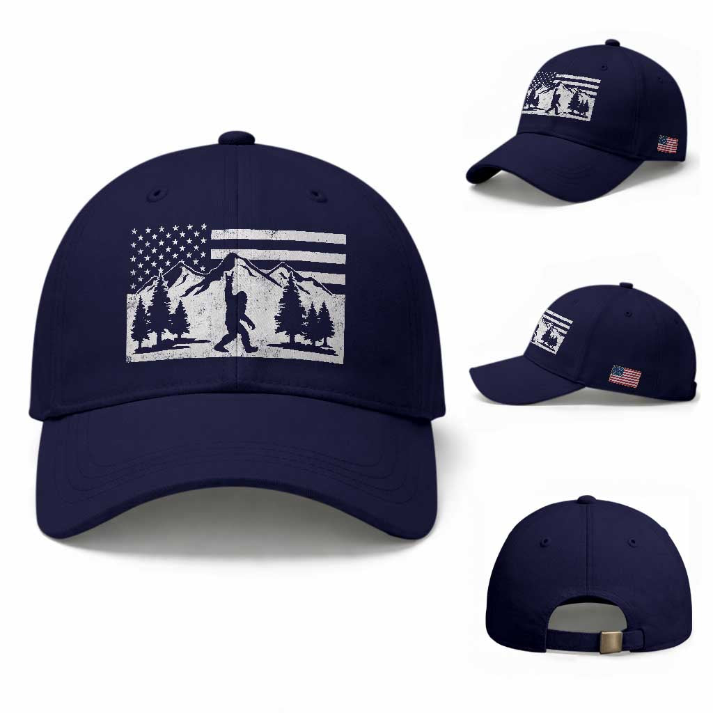 Patriotic Bigfoot American Flag in Forest Baseball Cap TS11 Baseball Cap Universal Fit Dark Blue Print Your Wear