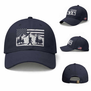 Patriotic Bigfoot American Flag in Forest Baseball Cap TS11 Baseball Cap Universal Fit Navy Print Your Wear