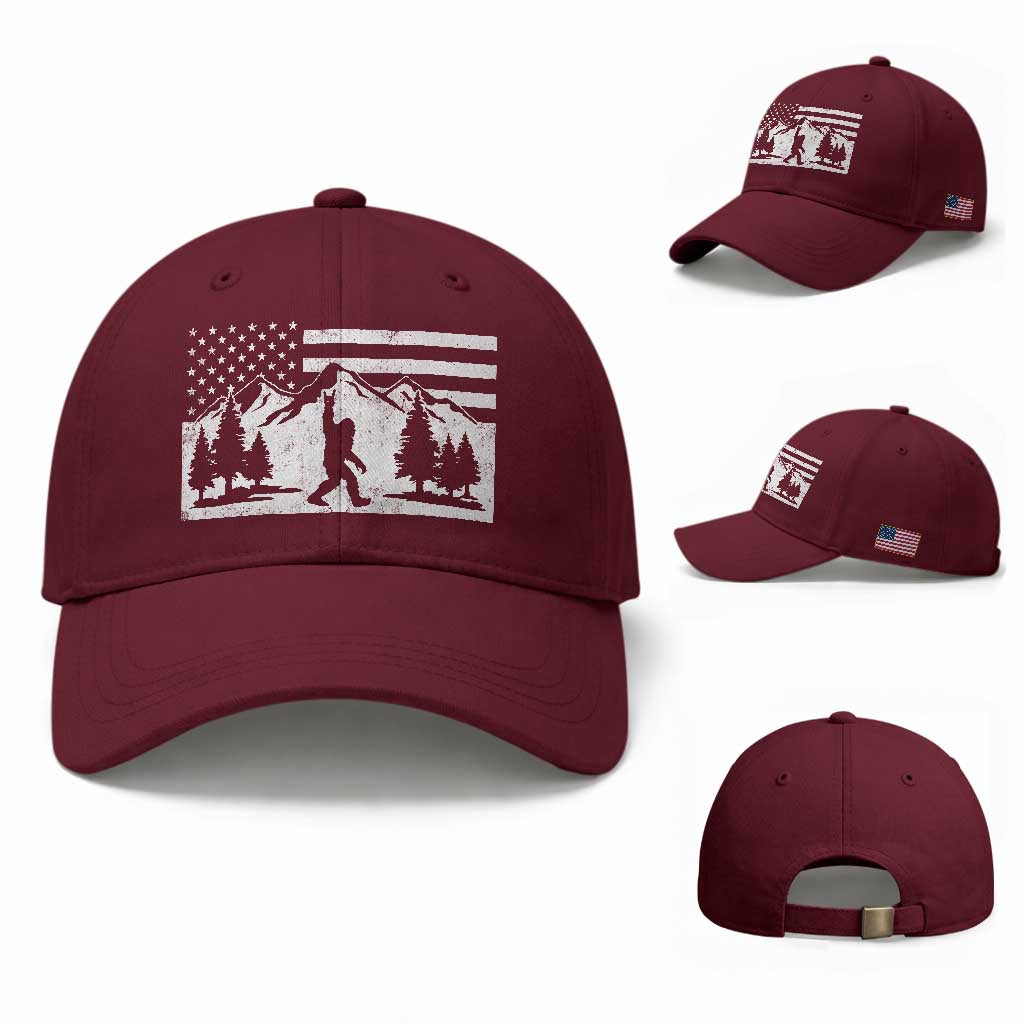 Patriotic Bigfoot American Flag in Forest Baseball Cap TS11 Baseball Cap Universal Fit Maroon Print Your Wear