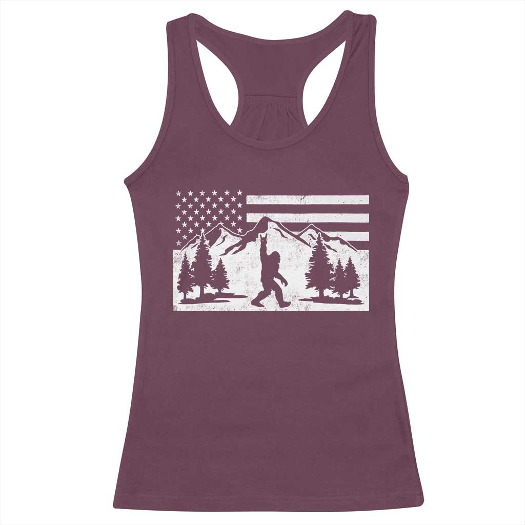 Patriotic Bigfoot American Flag in Forest Racerback Tank Top TS11 Maroon Print Your Wear