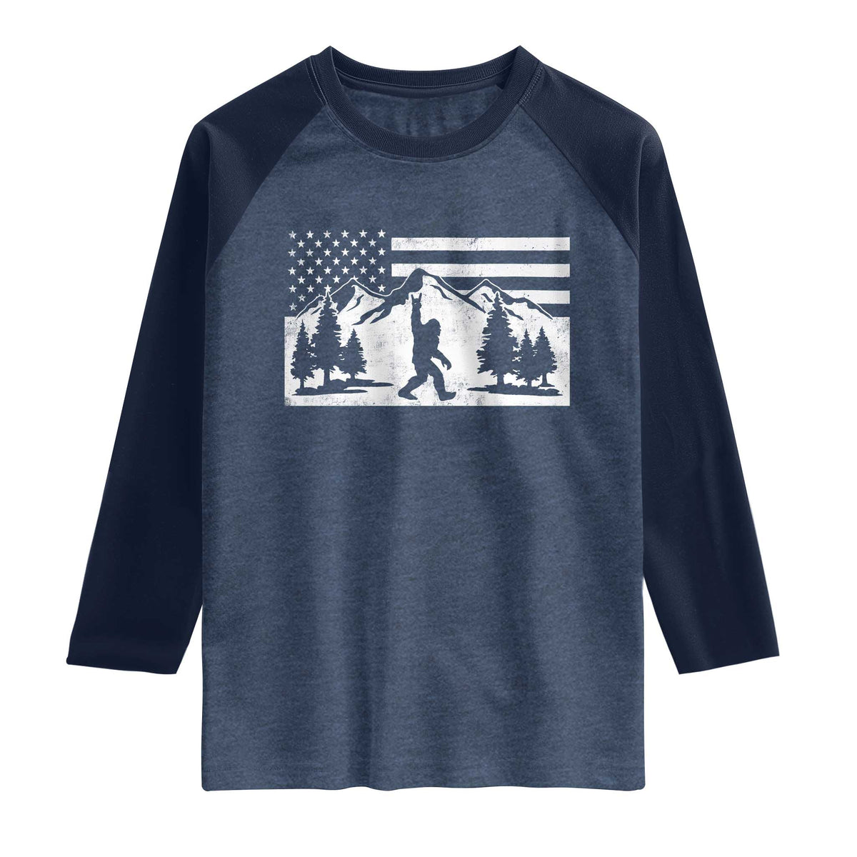 Patriotic Bigfoot American Flag in Forest Raglan Shirt TS11 Heather Denim Navy Print Your Wear